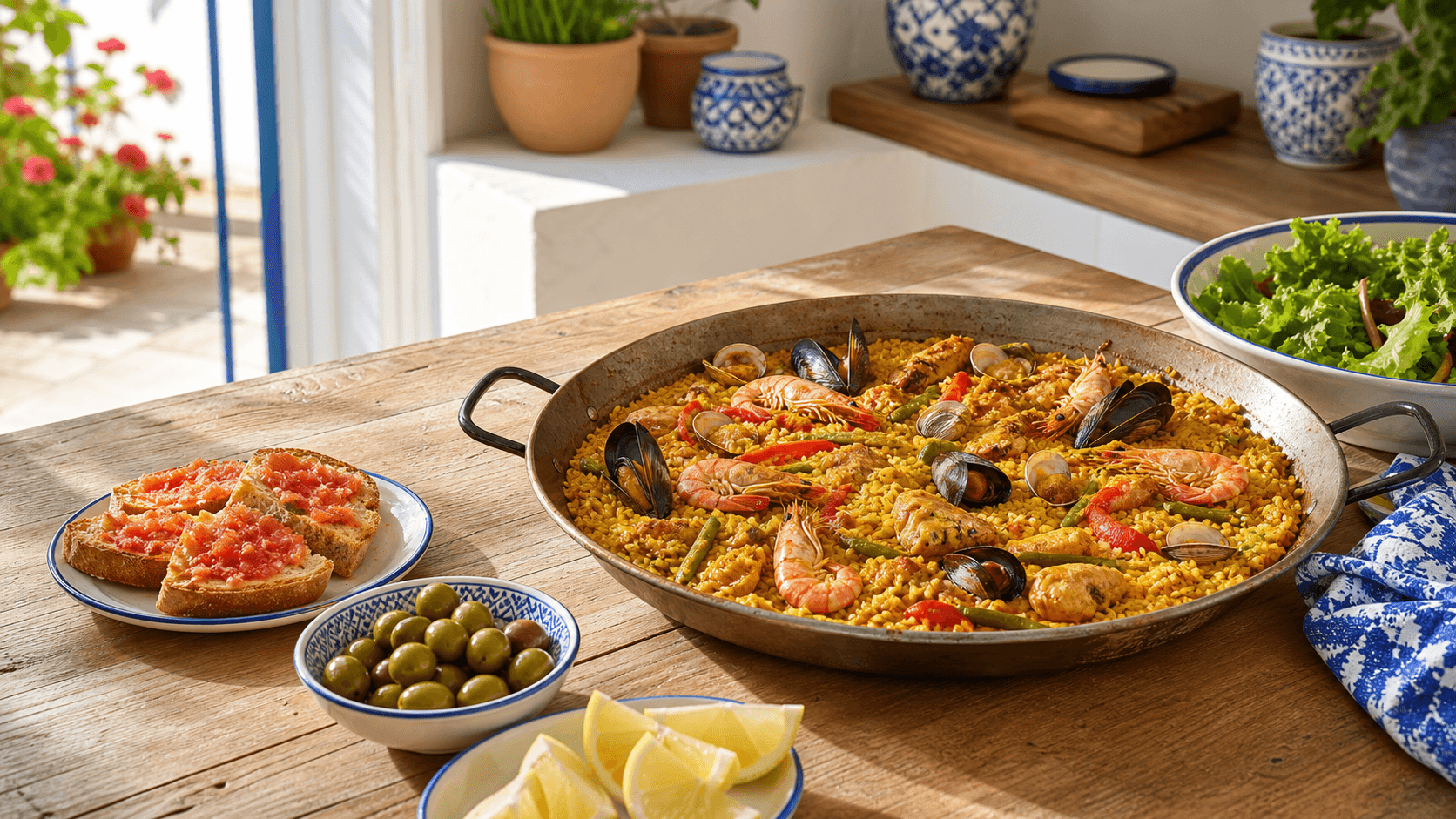 Paella española con marisco, verduras y entrantes mediterráneos