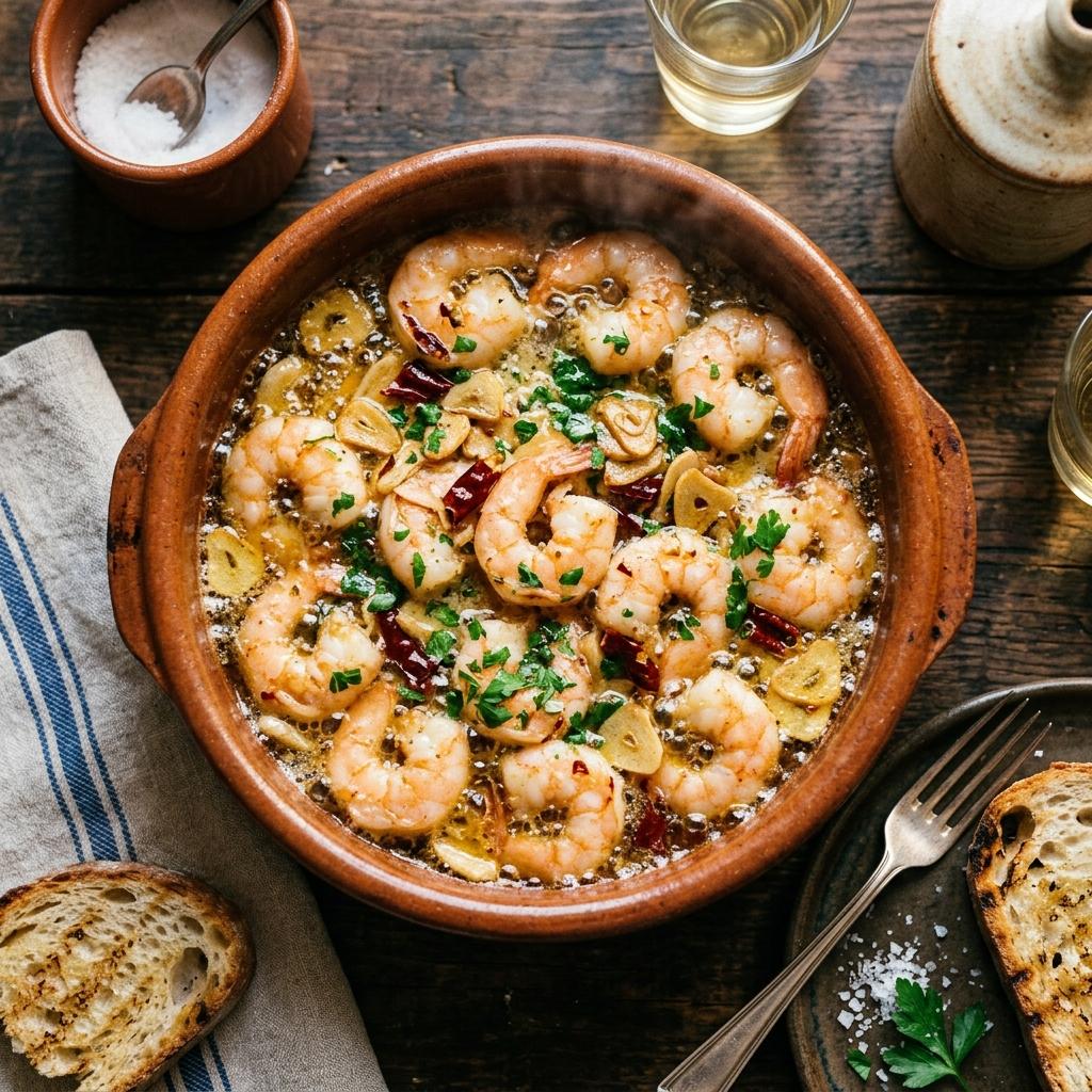 Fotografía editorial de Gambas al Ajillo: El Aroma de las Tabernas - RecetaGenial