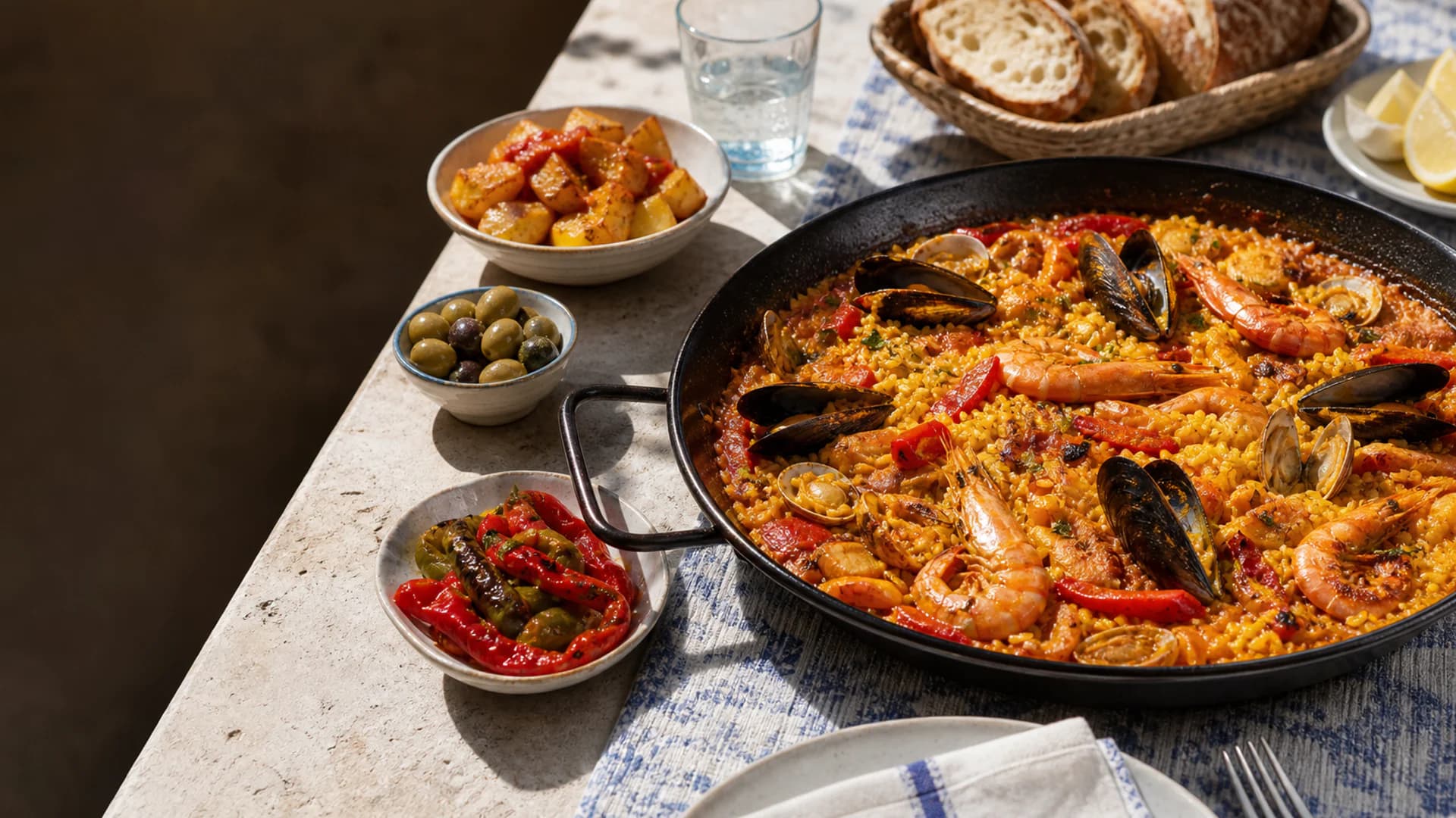Paella de marisco y aperitivos españoles sobre una mesa mediterránea