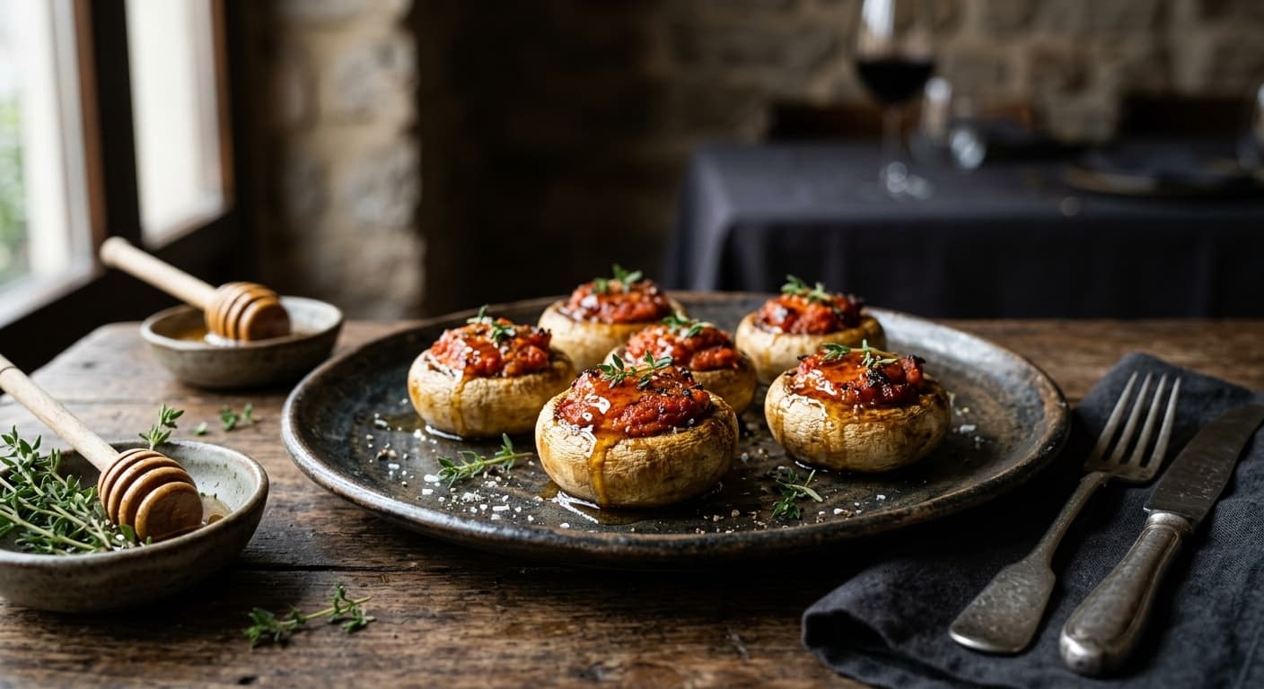 Receta de Champiñones Rellenos de Sobrasada: La Tapa Gourmet que Fusiona Tradición y Ciencia preparada paso a paso — fotografía editorial de RecetaGenial