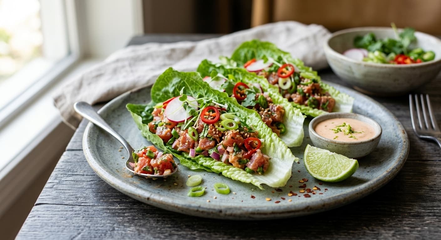 Receta de Tacos de Lechuga con Atún Picante: La Guía Definitiva y Saludable (E-E-A-T) preparada paso a paso — fotografía editorial de RecetaGenial