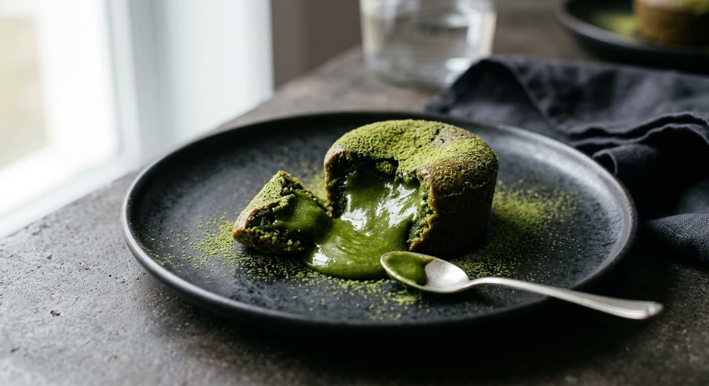 Receta de Coulant de Chocolate Blanco y Matcha: La Ciencia del Volcán Perfecto preparada paso a paso — fotografía editorial de RecetaGenial
