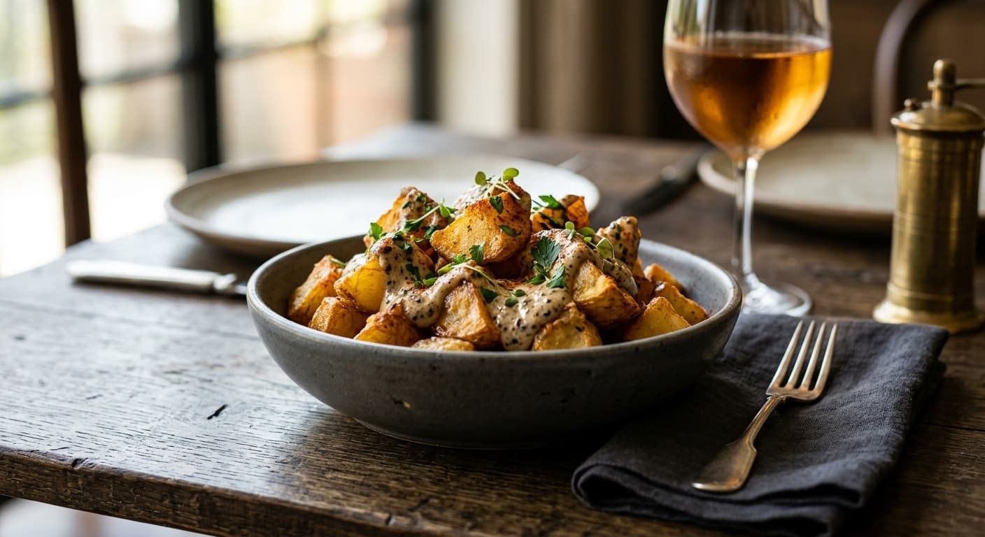 Receta de Patatas bravas en airfryer con alioli negro: El Secreto del Crujiente Saludable preparada paso a paso — fotografía editorial de RecetaGenial