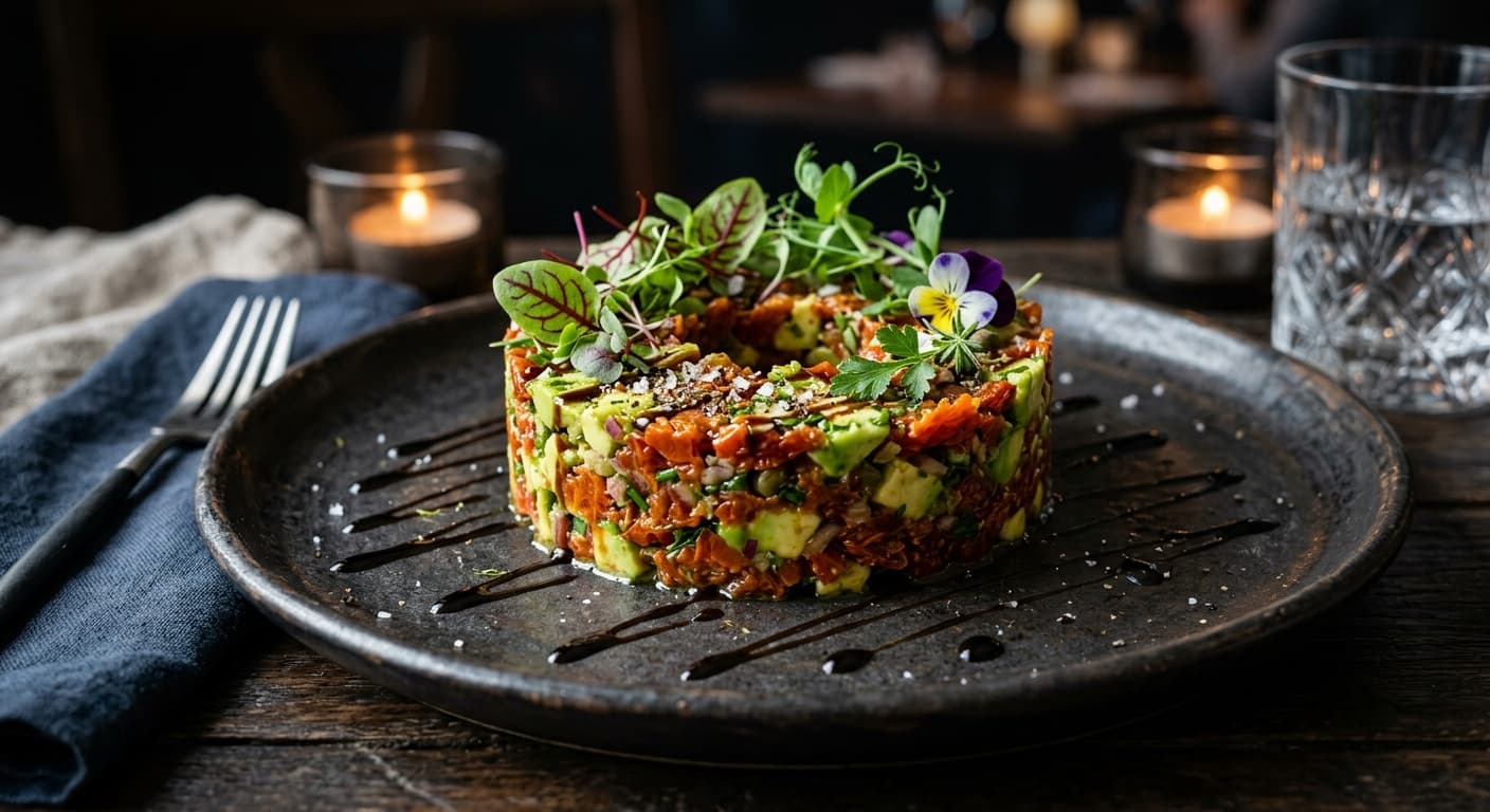 Receta de Tartar de tomate seco y aguacate: La Explosión de Sabor Mediterráneo preparada paso a paso — fotografía editorial de RecetaGenial