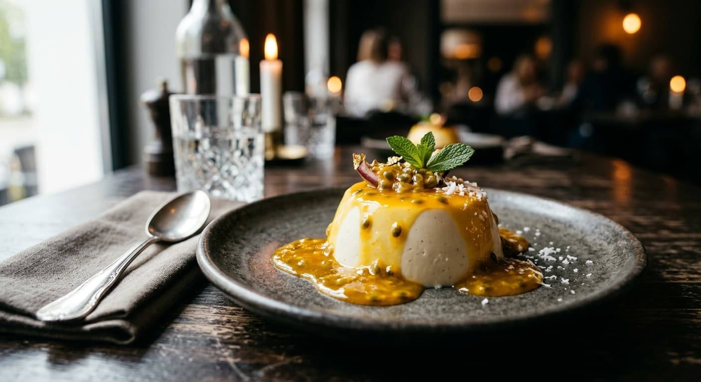 Receta de Panna Cotta de Coco y Maracuyá: La Fusión Maestra entre Piamonte y el Trópico preparada paso a paso — fotografía editorial de RecetaGenial