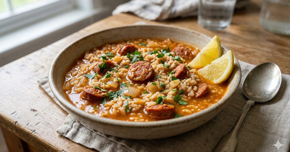 Receta de Arroz caldoso con chorizo y verduras preparada paso a paso — fotografía editorial de RecetaGenial