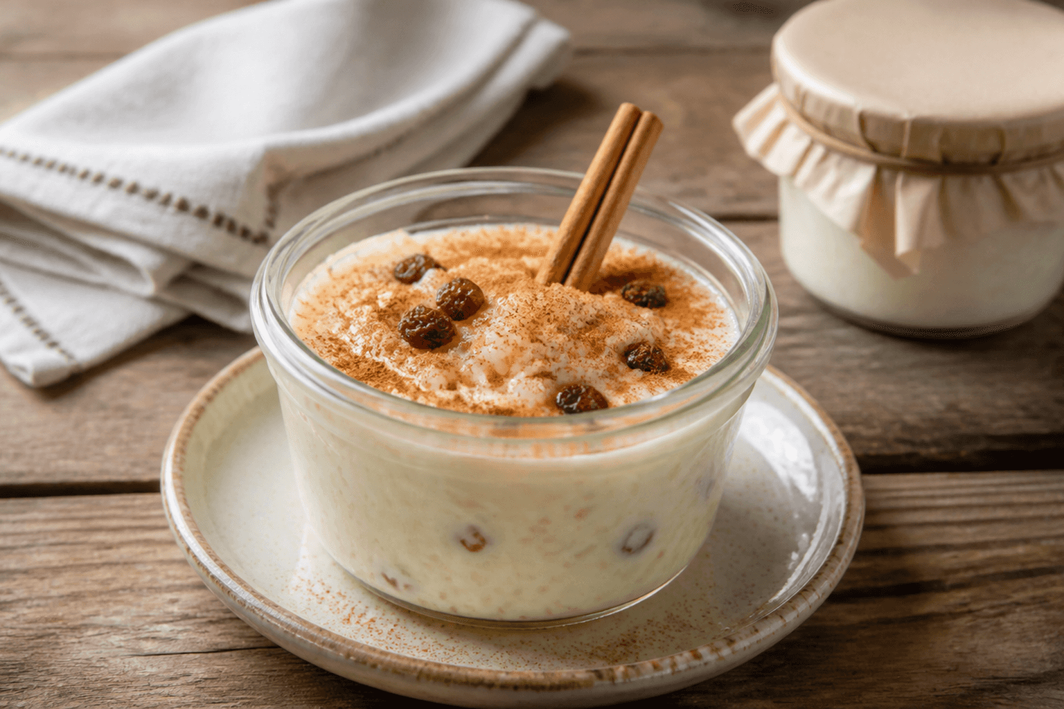Vasito de arroz con leche cremoso decorado con canela molida y rama de canela sobre mesa rústica