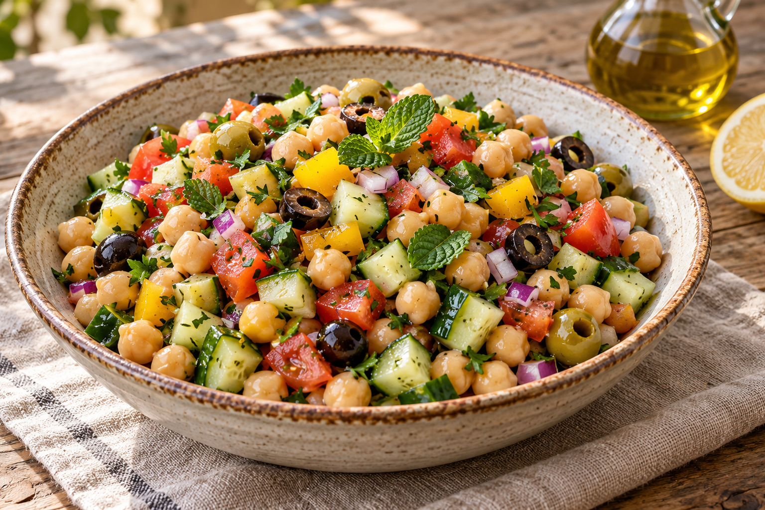 Receta de Ensalada de garbanzos pepino preparada paso a paso — fotografía editorial de RecetaGenial