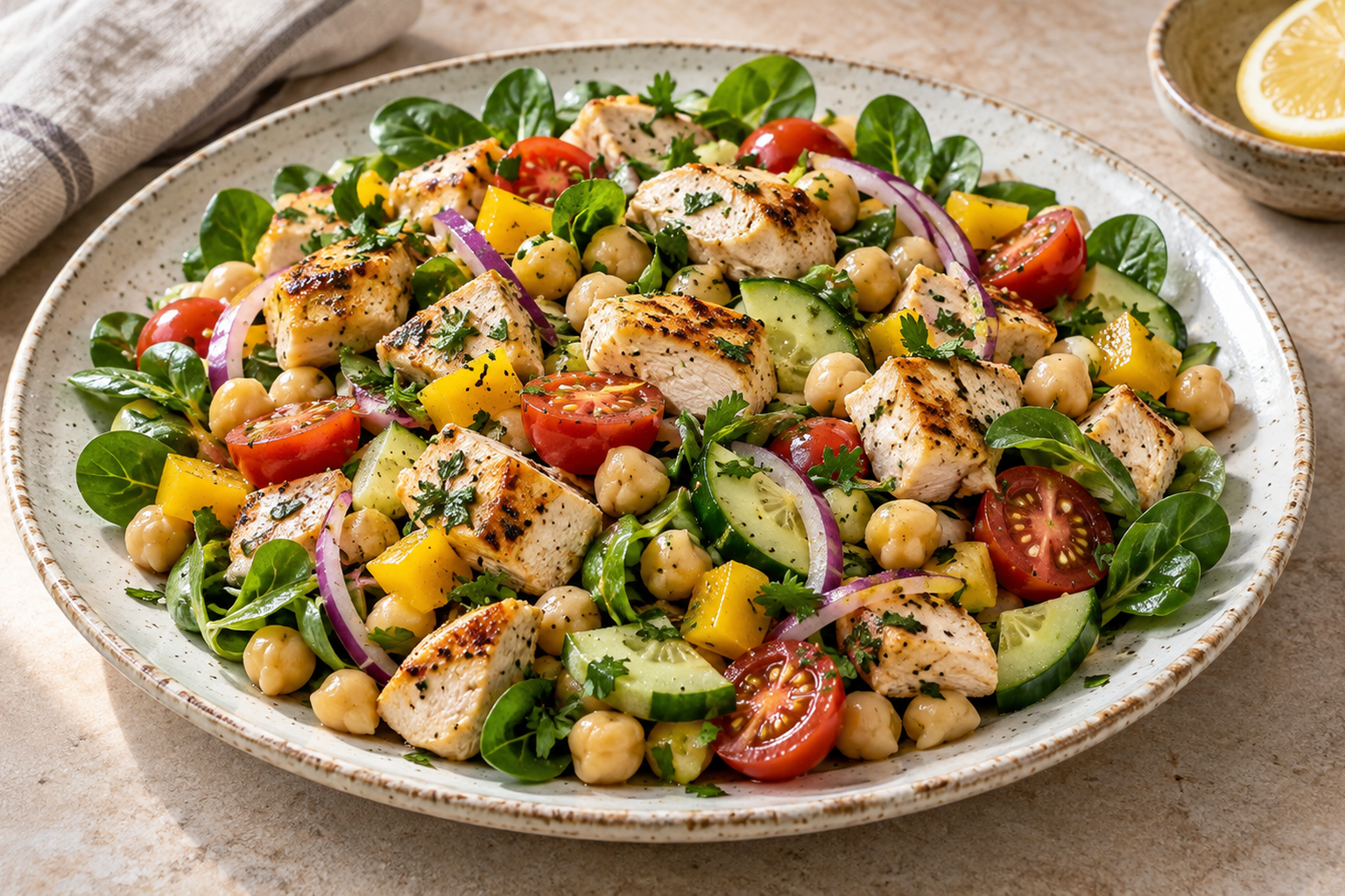 Receta de Ensalada de garbanzos pollo preparada paso a paso — fotografía editorial de RecetaGenial