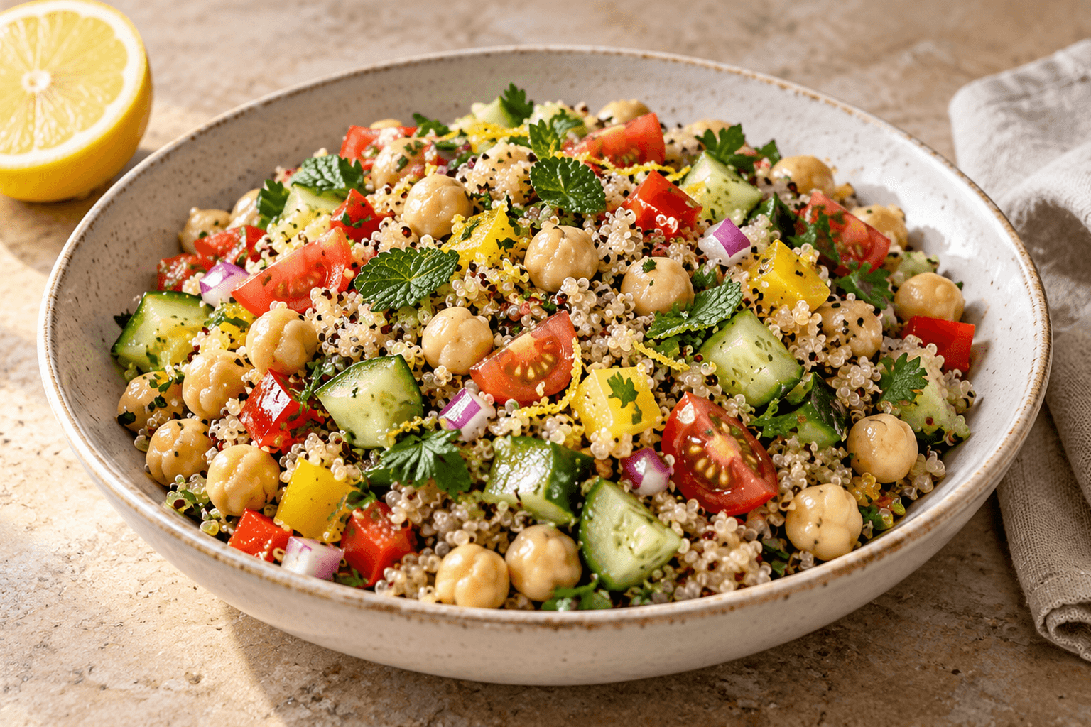 Receta de Ensalada de garbanzos quinoa preparada paso a paso — fotografía editorial de RecetaGenial