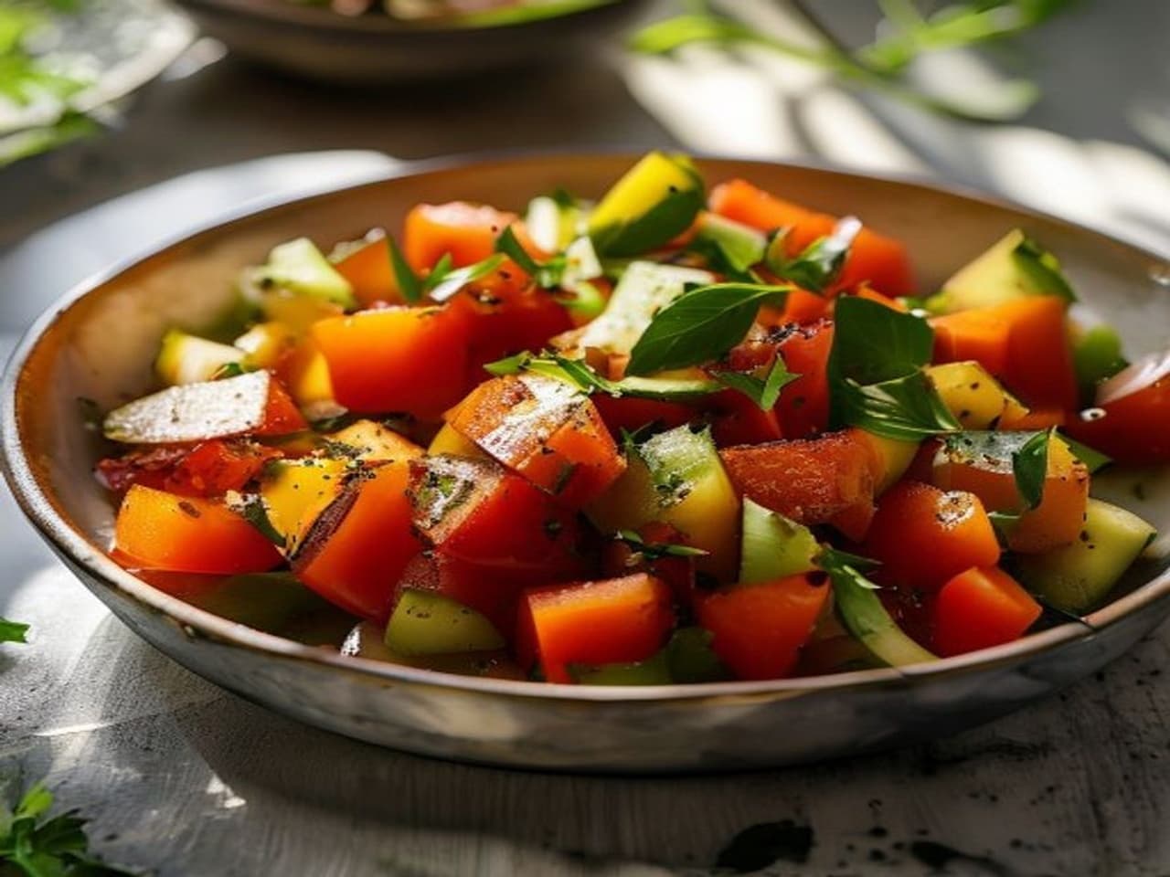 Receta de Ensalada de tomate y aguacate preparada paso a paso — fotografía editorial de RecetaGenial