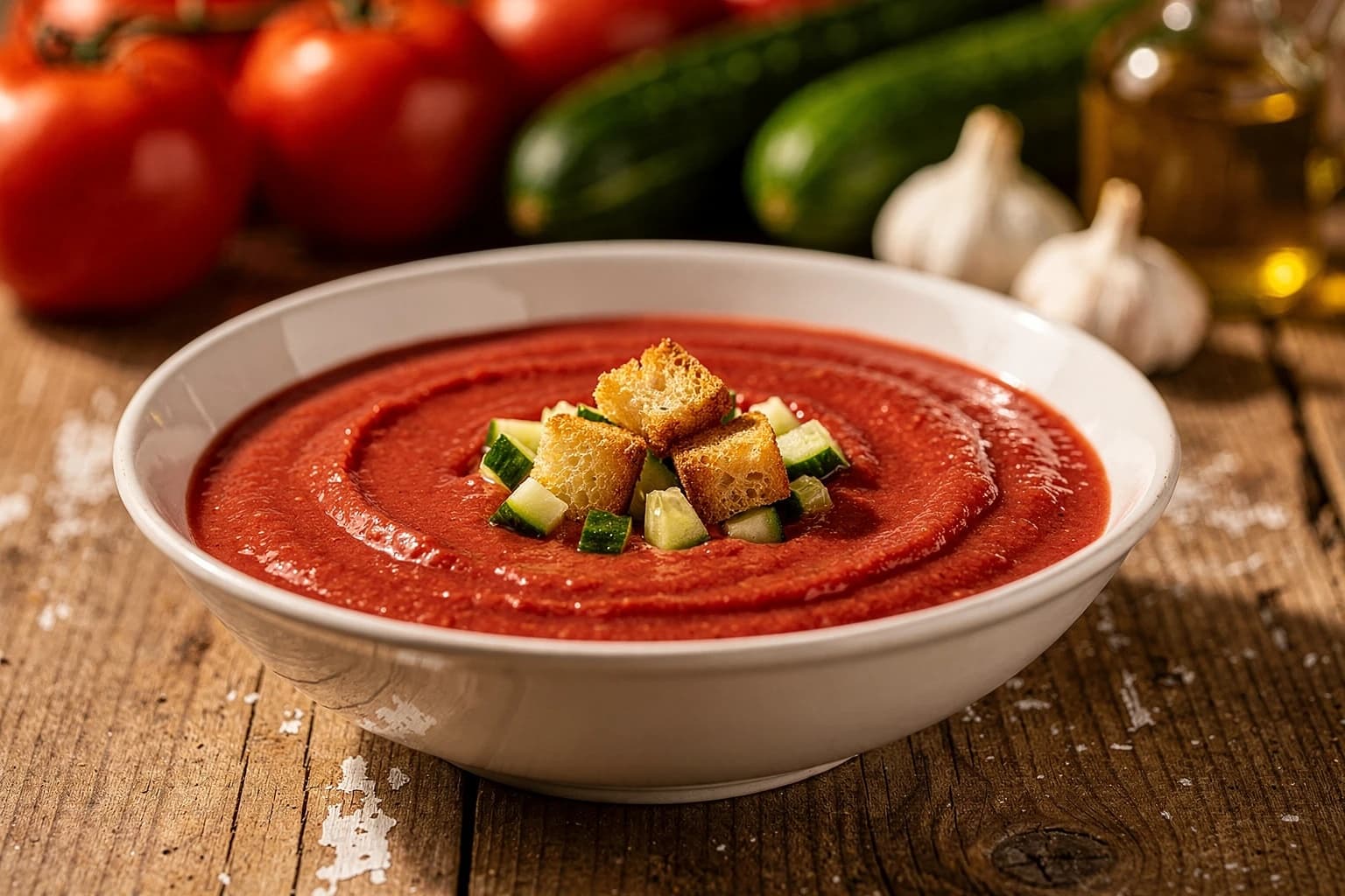 Receta de Gazpacho andaluz con queso gratinado preparada paso a paso — fotografía editorial de RecetaGenial