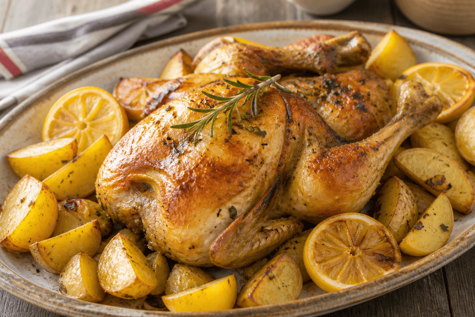 Plato de pollo al horno jugoso servido con patatas doradas y gajos de limón, presentado en una fuente rústica.
