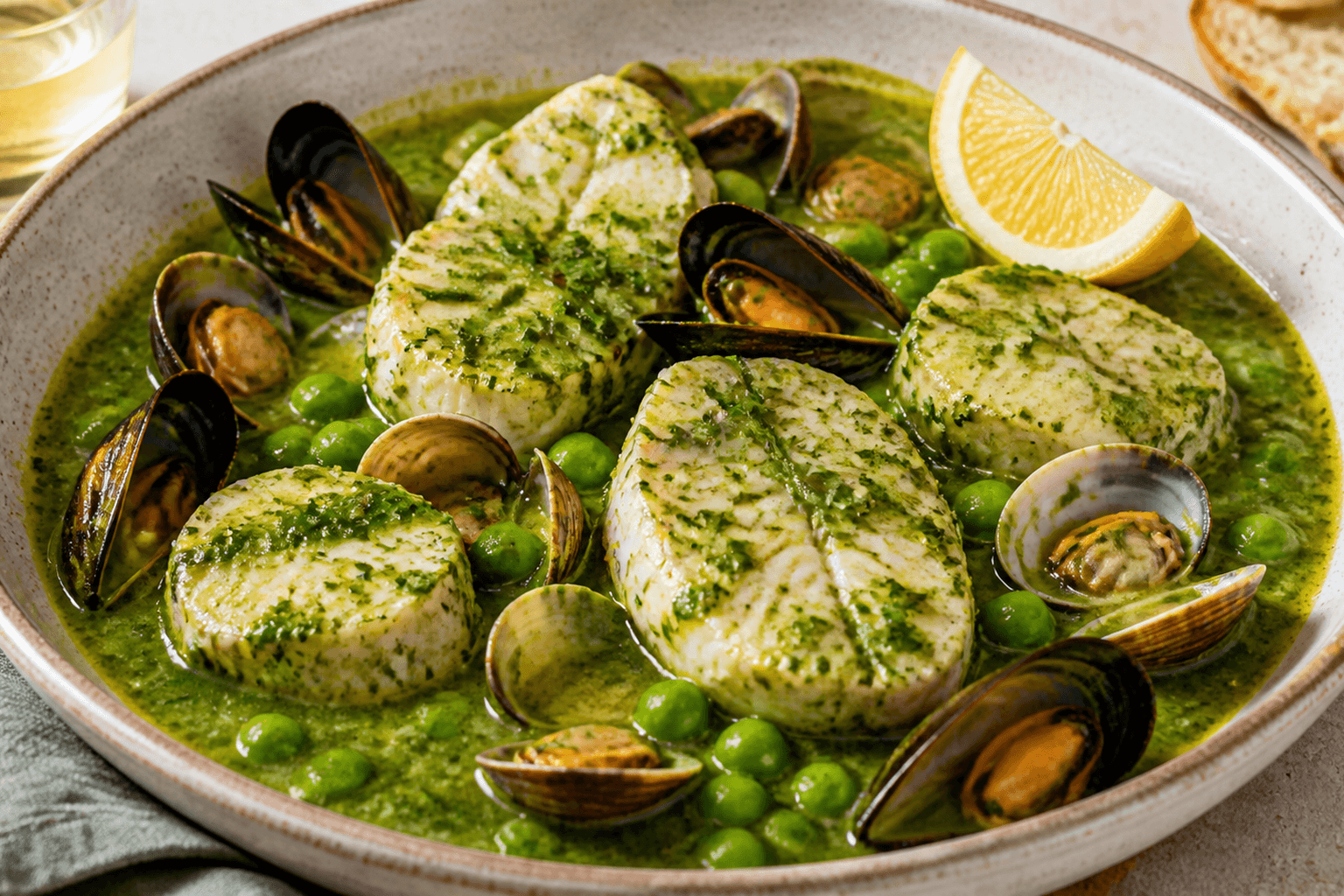 Receta de Merluza en salsa verde con berberechos: receta tradicional y saludable preparada paso a paso — fotografía editorial de RecetaGenial