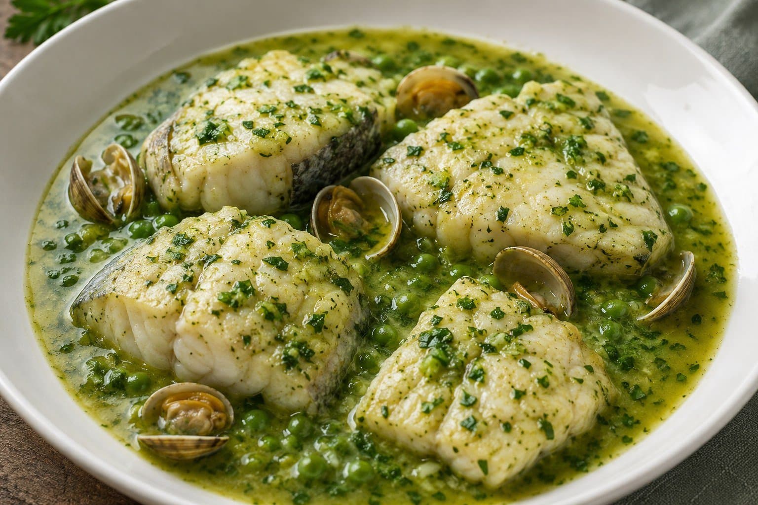 Receta de Merluza en salsa verde jugosa con cebolla tradicional preparada paso a paso — fotografía editorial de RecetaGenial