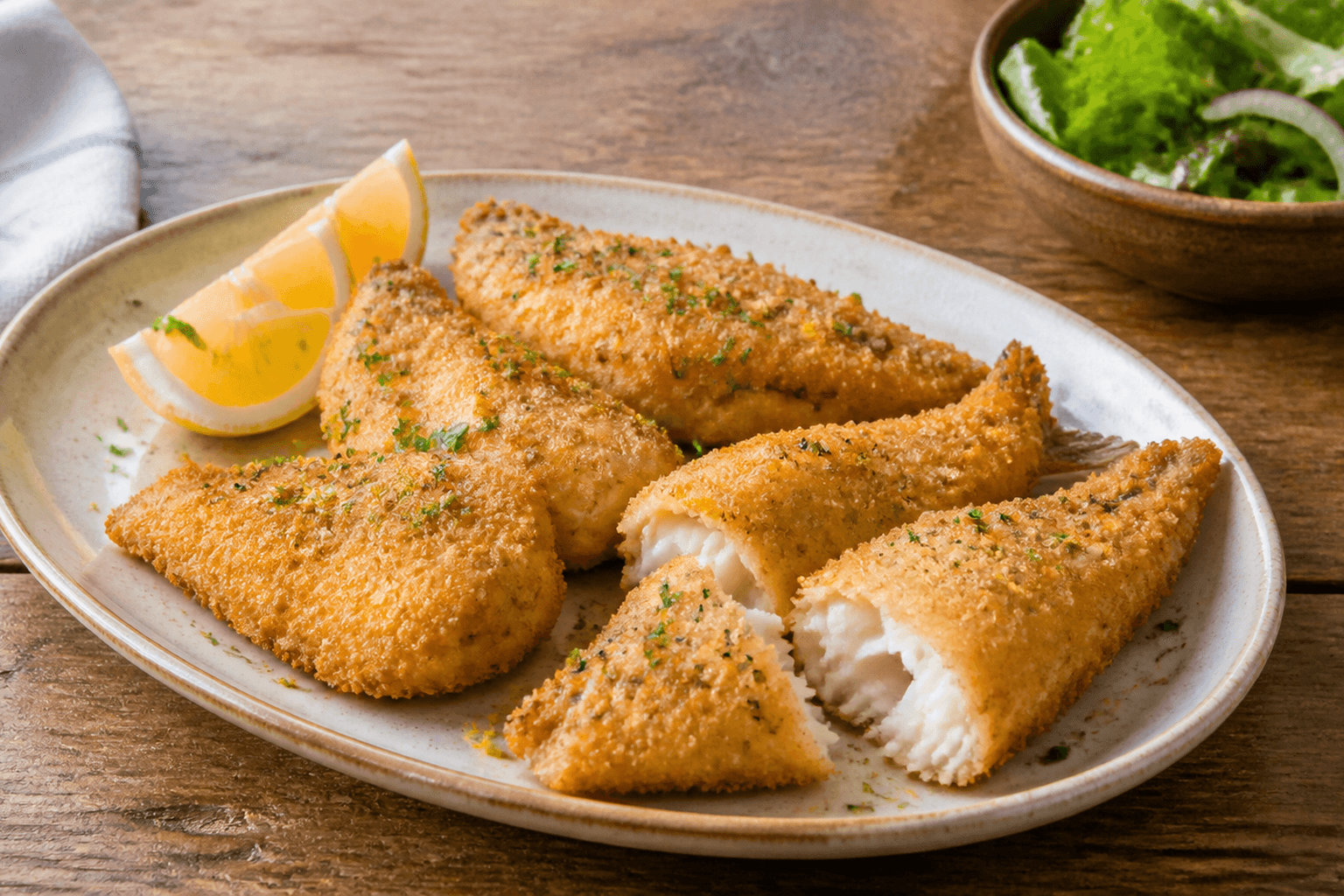 Plato de pescado frito crujiente con limón, perejil fresco y rebozado dorado servido en cerámica rústica