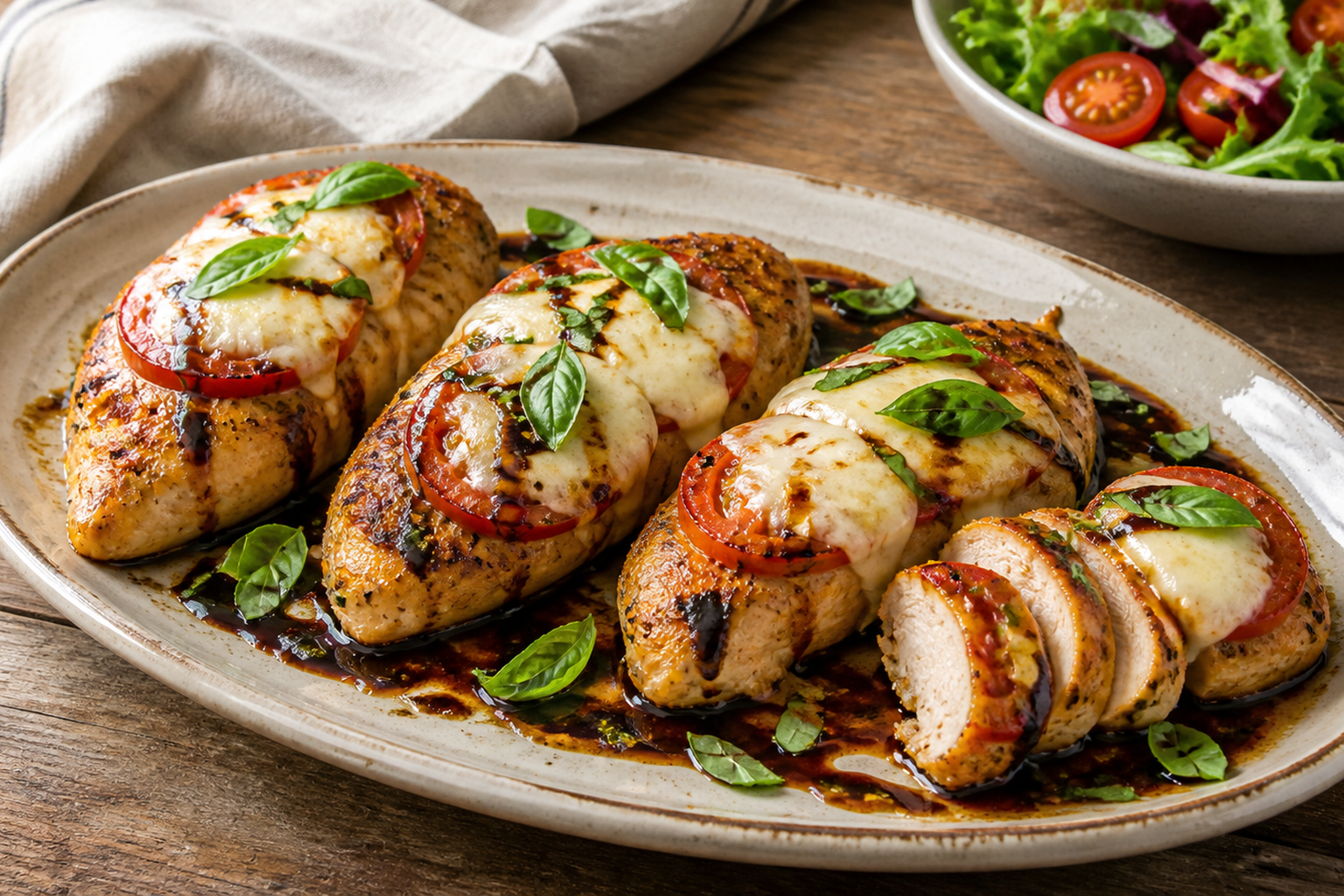 Receta de Pollo al horno caprese con tomate, mozzarella y balsámico preparada paso a paso — fotografía editorial de RecetaGenial
