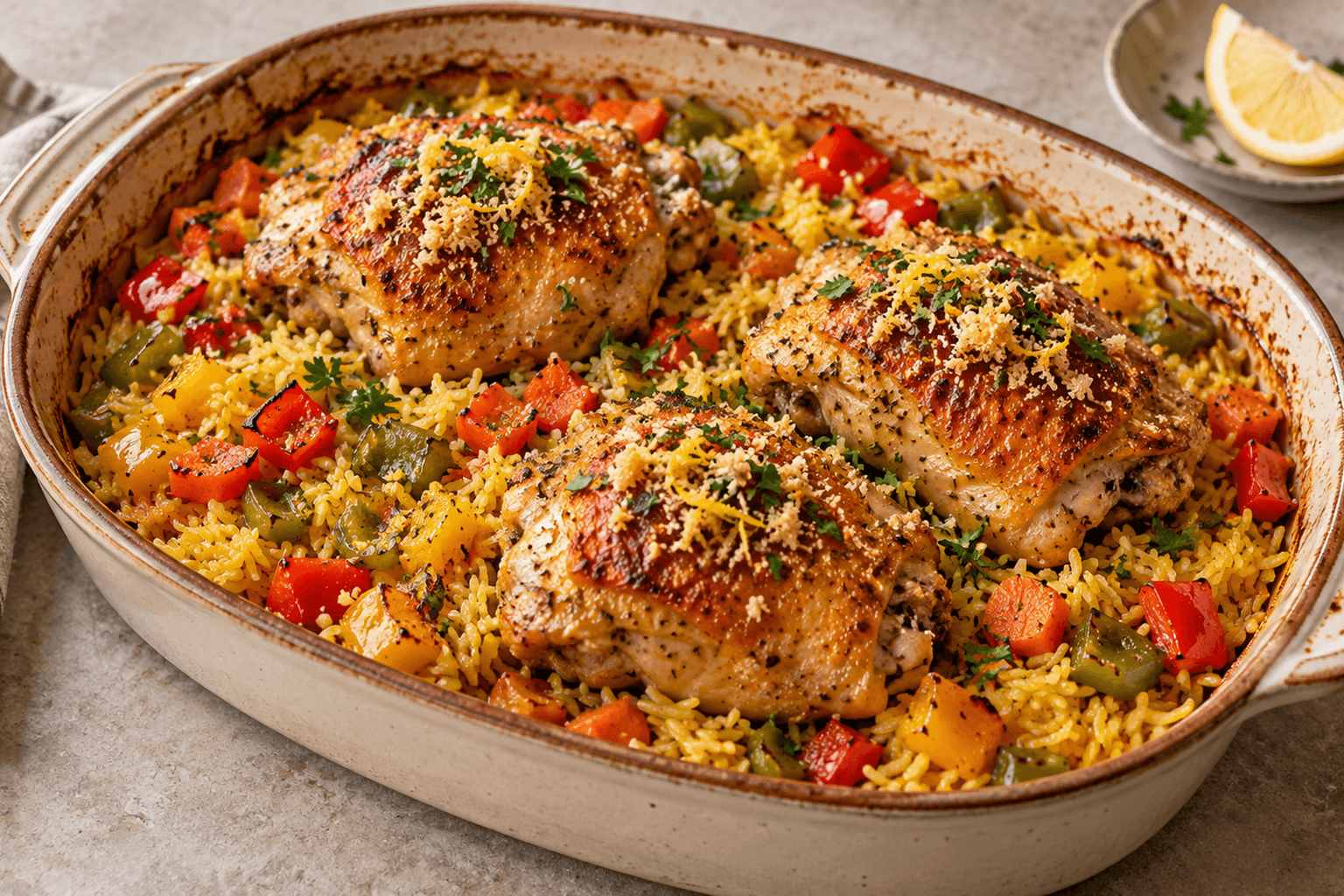 Receta de Pollo al horno con arroz preparada paso a paso — fotografía editorial de RecetaGenial