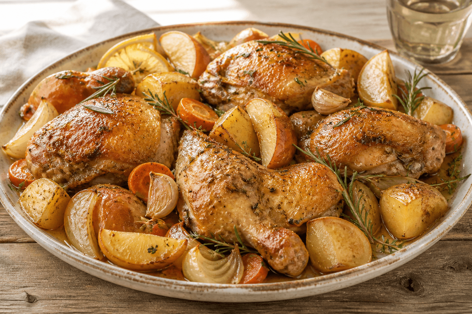 Receta de Pollo al horno con patatas, limón y manzana preparada paso a paso — fotografía editorial de RecetaGenial