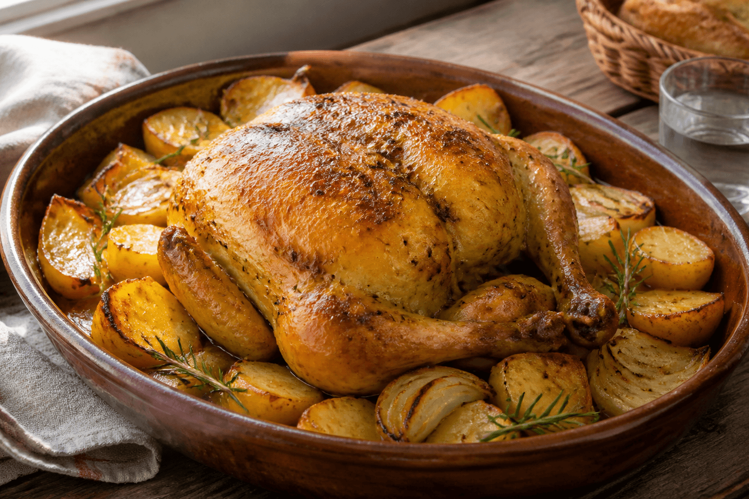 Receta de Pollo al Horno Jugoso con Patatas y Hierbas Aromáticas preparada paso a paso — fotografía editorial de RecetaGenial