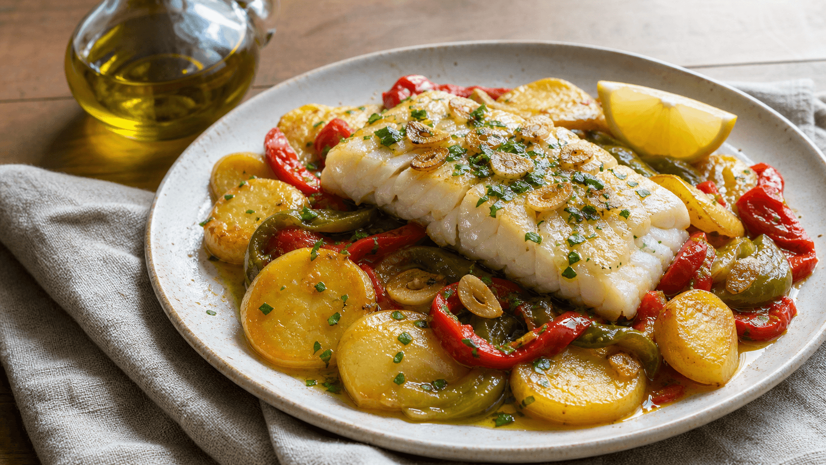 Recetas de bacalao al horno con patatas y pimientos