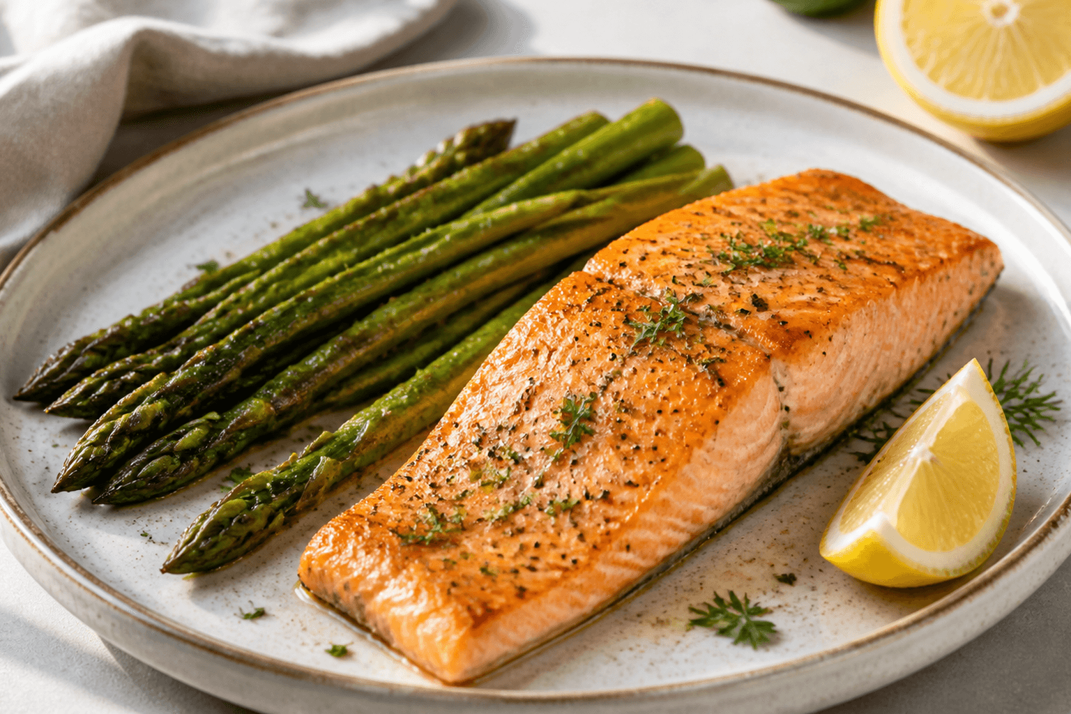 Receta de Salmón al horno con espárragos: Receta fácil, jugosa y saludable preparada paso a paso — fotografía editorial de RecetaGenial