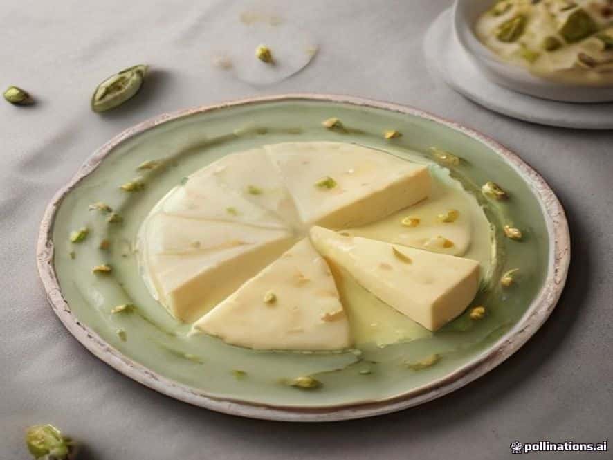 Una porción de tarta de queso y pistacho con una base de galleta y pistachos, cubierta con una capa de chocolate blanco y pasta de pistacho, decorada con pistachos picados, sobre un plato rústico.