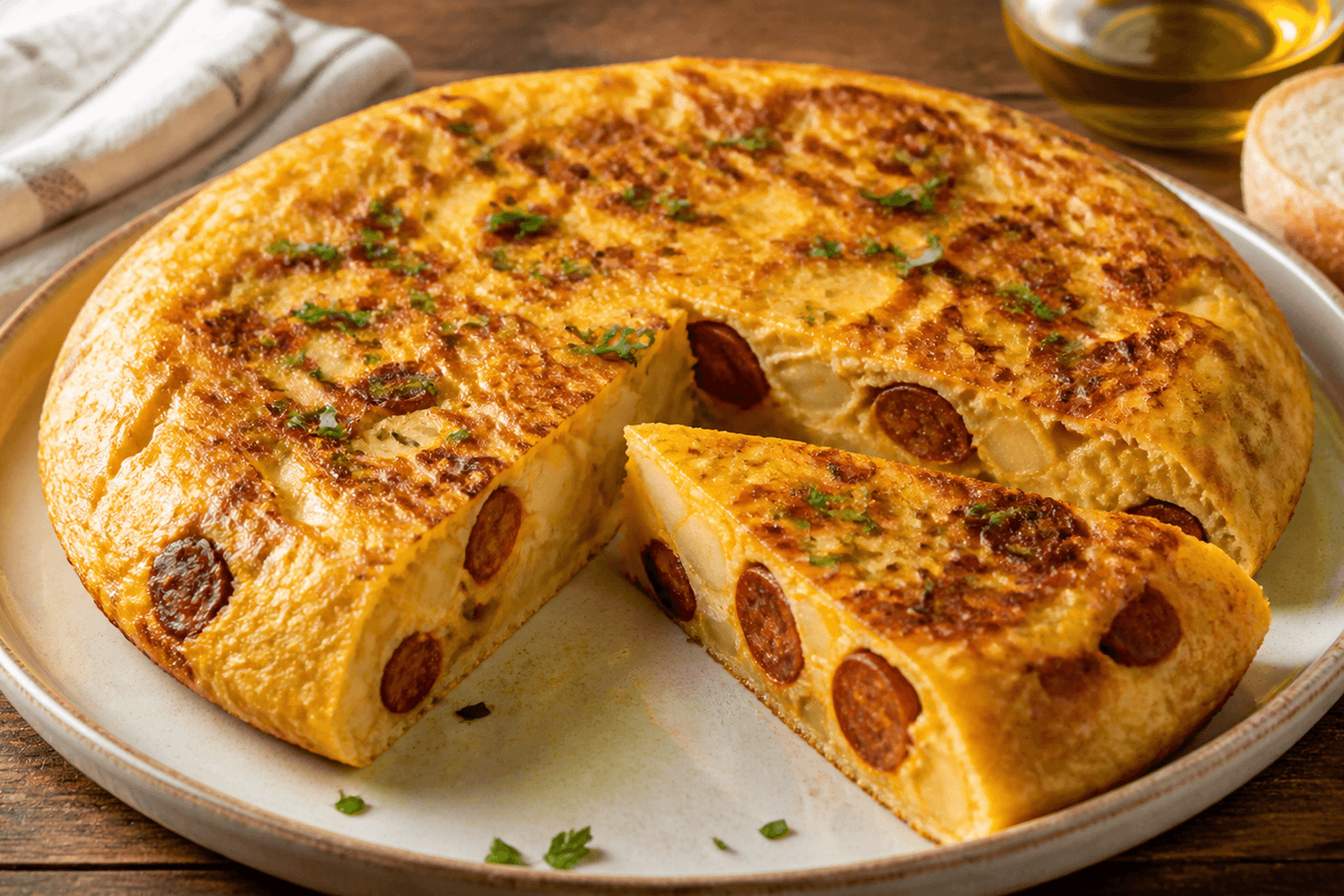 Receta de Tortilla española con chorizo: la receta tradicional más jugosa y sabrosa preparada paso a paso — fotografía editorial de RecetaGenial