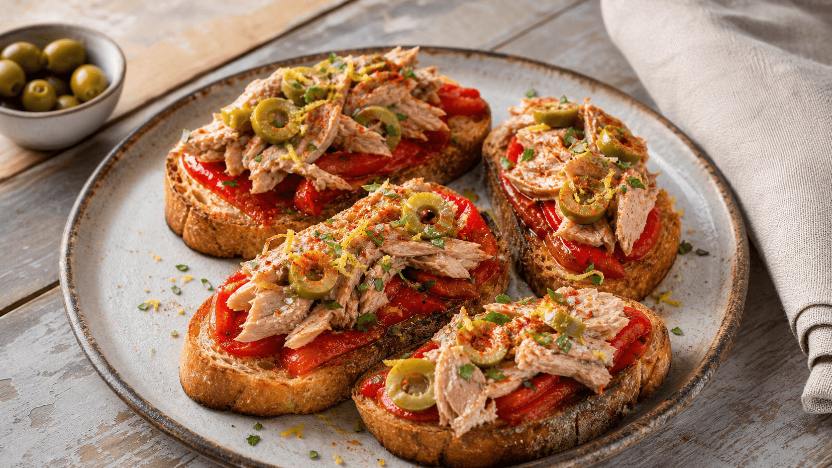 Tostas crujientes de pimiento asado, ventresca y aceitunas